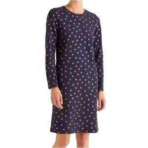 Boden Long Sleeve Sweatshirt Shift Dress Navy Blue Gold Polka Dot Metallic Sz 10